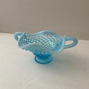 Vintage Fenton Blue Opalescent Hobnail Ruffled Candy/Bon Bon Dish Double Handles